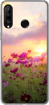 Geschikt voor Huawei P30 Lite hoesje - Zonsondergang - Bloemen - Roze - Natuur - Groen - Siliconen Telefoonhoesje