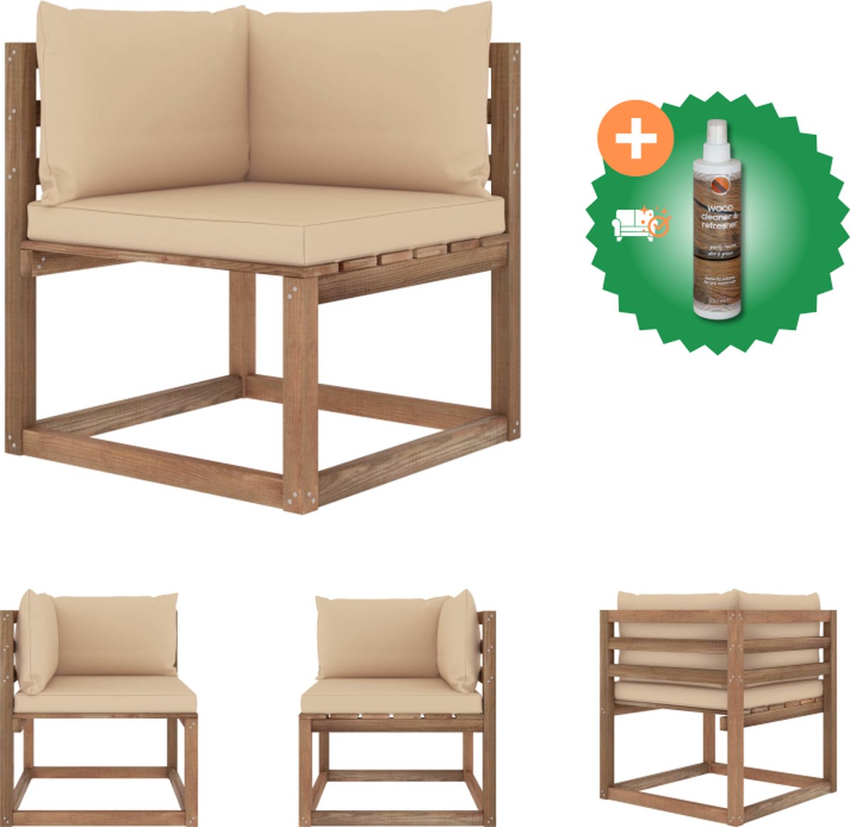 VidaXL Houten Pallet Hoekbank 64 x 64 x 70 cm Geïmpregneerd grenenhout Loungebank Inclusief Houtreiniger en verfrisser