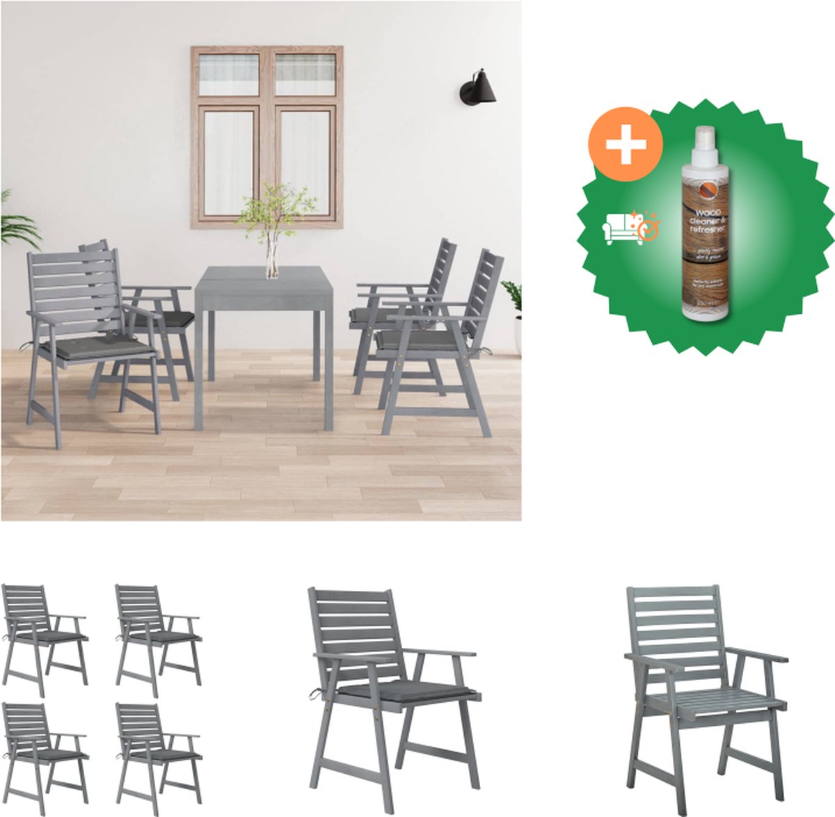 VidaXL Eetstoelen Acaciahout 56x62x92 cm Grijs kussen Tuinstoel Inclusief Houtreiniger en verfrisser