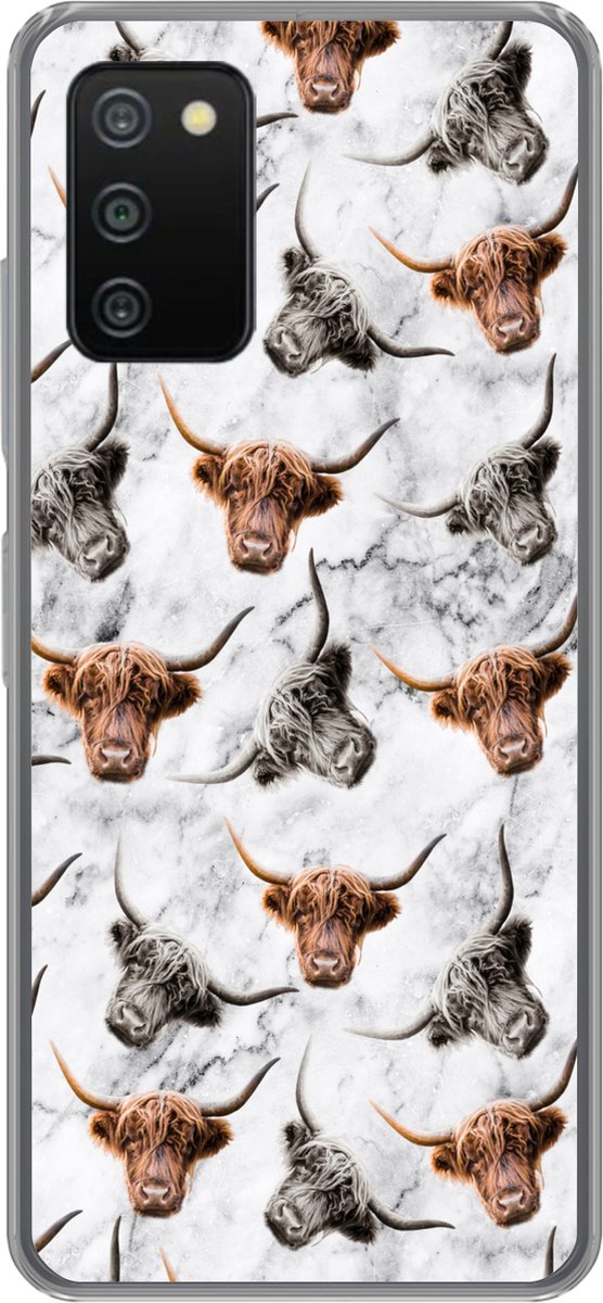 Telefoonhoesje Geschikt voor Samsung Galaxy A03s hoesje - Schotse hooglander - Koe - Marmer print - Siliconen Telefoonhoesje Telefoonhoesje