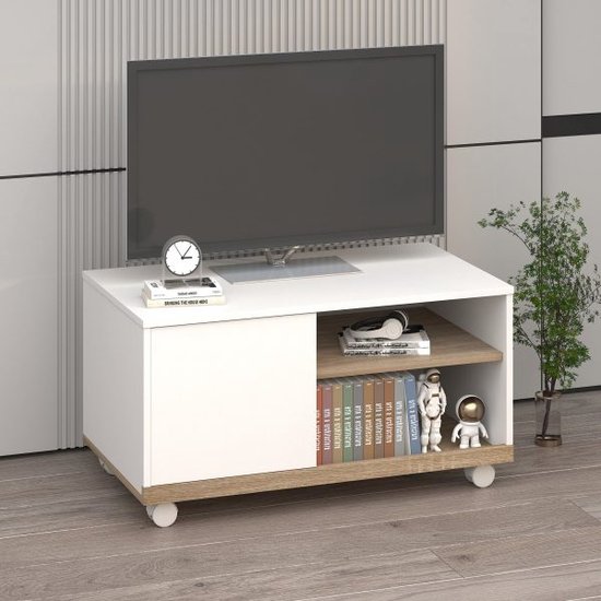 Zaza Home Tv -kast met 2 rollen, tv -ladekast, moderne televisietafel met open planken, lowboard dressoir spaanbord, wit, 80 x 45 x 39,5 cm