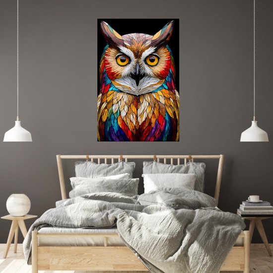 Vitrail Hibou - Peintures sur toile Glas- Peinture oiseau - Décoration murale rurale - Peintures sur toile - Accessoires de bureau - 40 x 60 cm 18mm