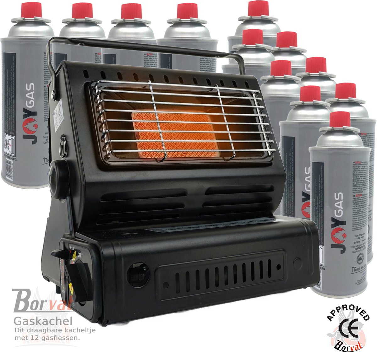 Borvat® - Gaskachel - Heater - Kachel - Inclusief 12 Gasflessen - Terrasverwarmer - Camping gaskachel - Gas Heater - Verstelbaar - Draagbaar -Zwart