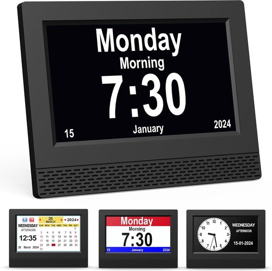 Calendrier Réveil Numérique 7 pouces HD - Affichage clair - Fonction de gradation automatique - 25 alarmes - Multilingue - Pour les seniors