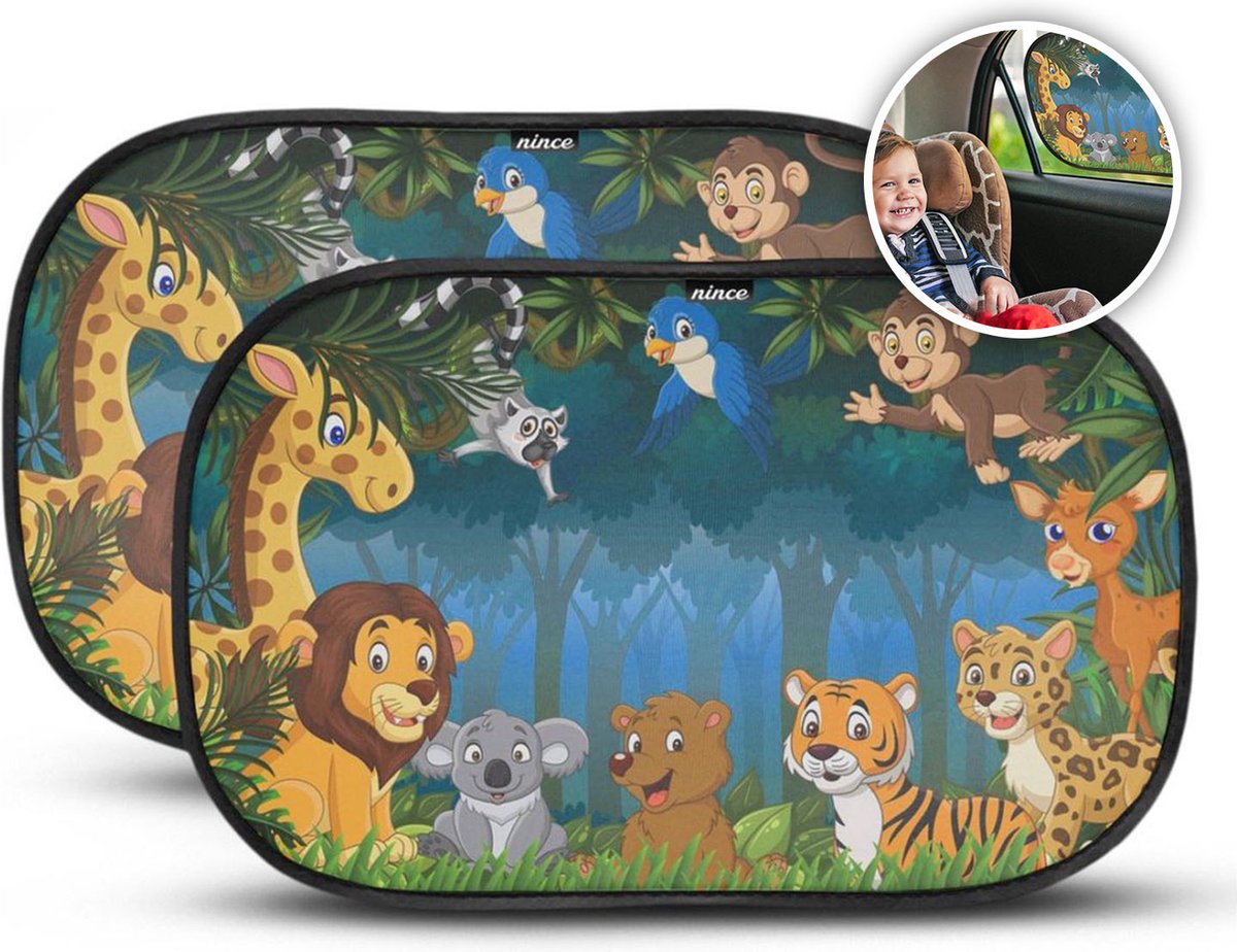 Nince Zonnescherm Auto Zijruit – Set van 2 – 51x31 cm – Extra Donker Zonnescherm Auto Baby – Met UV Protectie voor Kind & Baby – Zelfklevende Zonwering Auto – Jungle– Autoaccessoires
