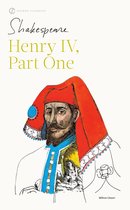 Boekomslag van Shakespeare's Henry IV, Part One, met een illustratie van een man met rode hoed, blauwe en gele versieringen.