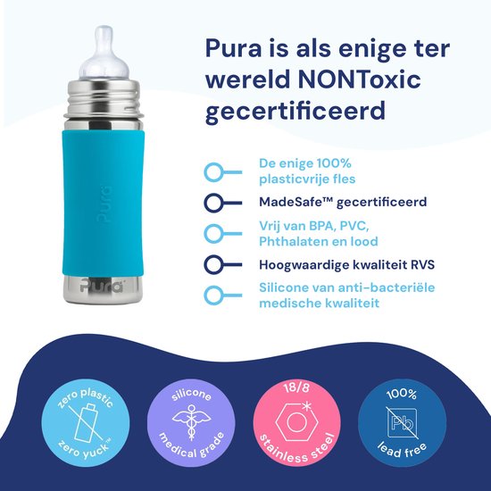 Pura Speenfles 325 ml - Plasticvrij - Drinkfles - Voorkomt Maagkrampen - Vaatwasserbestendig - Inclusief Siliconen Speen, Reisdop en Sleeve - Top is Verwisselbaar - Veelzijdig - Aqua van Merkloos — afbeelding 3