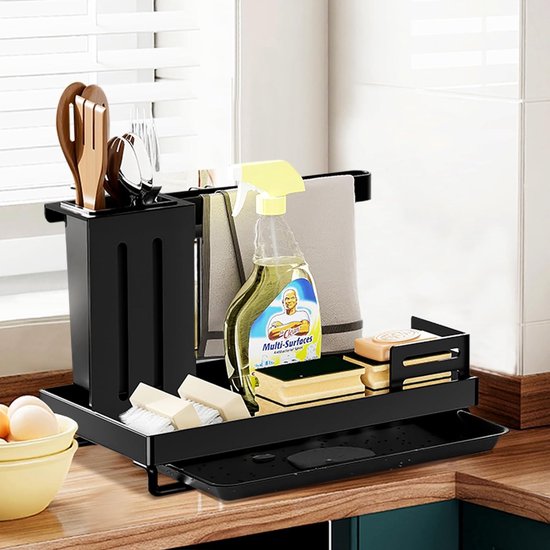 Support Chiffon Vaisselle Pour Évier – Porte-éponge Avec Bac Récupérateur Eau, Organisateur Cuisine (fer, 20.5x12.5x24 Cm)