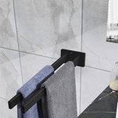 Handdoekhouder, zonder boren, dubbele roestvrijstalen handdoekstang, twee armen, rechthoekig, zelfklevend, voor badkamer, keuken, zwart, 39 cm