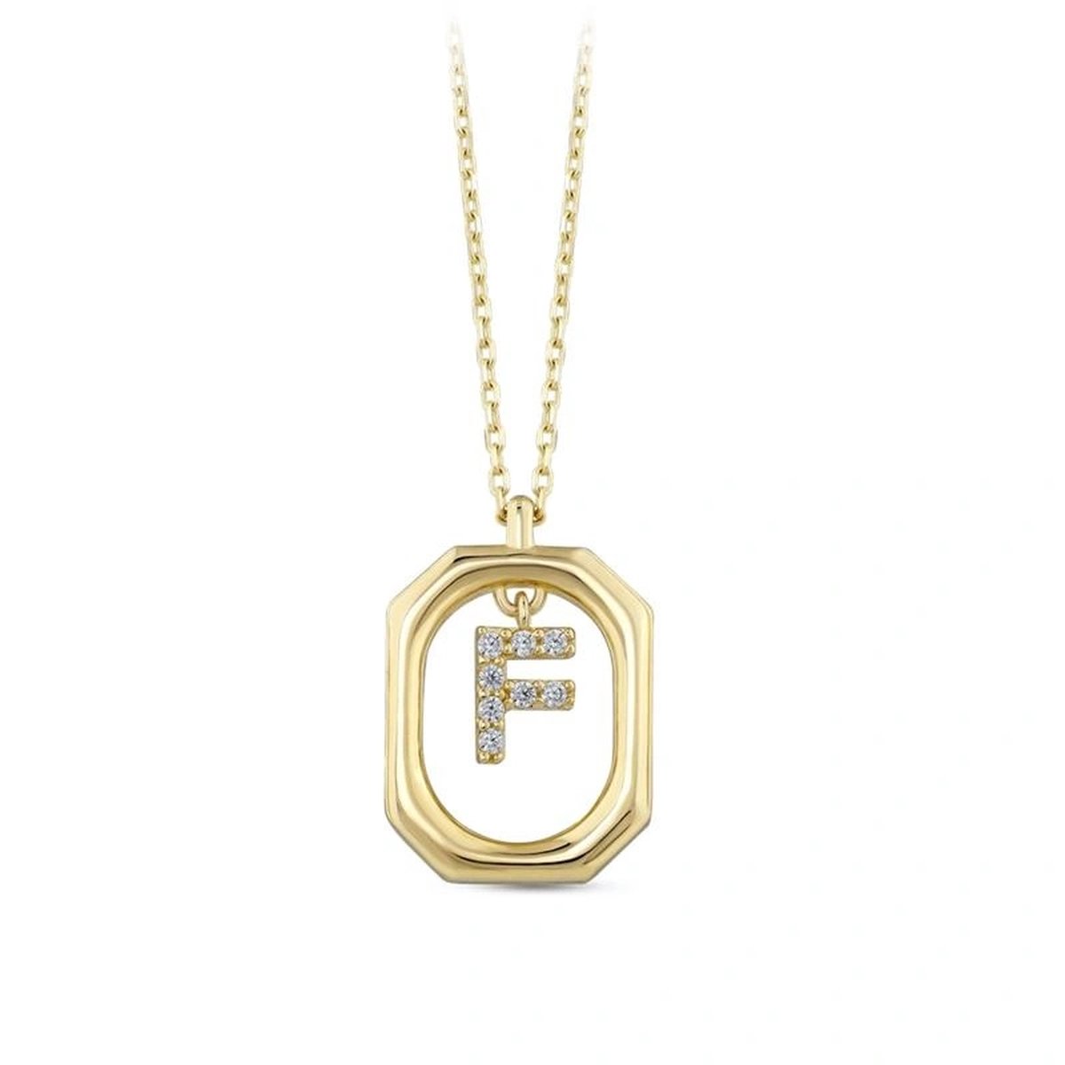 Goud Hanger Letter F met Ketting Zirkonia 14 karaats