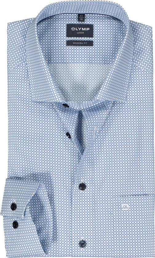 OLYMP modern fit overhemd - mouwlengte 7 - popeline - wit met blauw dessin - Strijkvrij - Boordmaat: 40