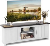 Tv-kast van hout, tv-standaard voor televisies tot 65 inch, tv-tafel met kasten en open planken, lowboard, tv-kast voor woonkamer, slaapkamer, 145 x 40 x 50 cm (wit + bruin)