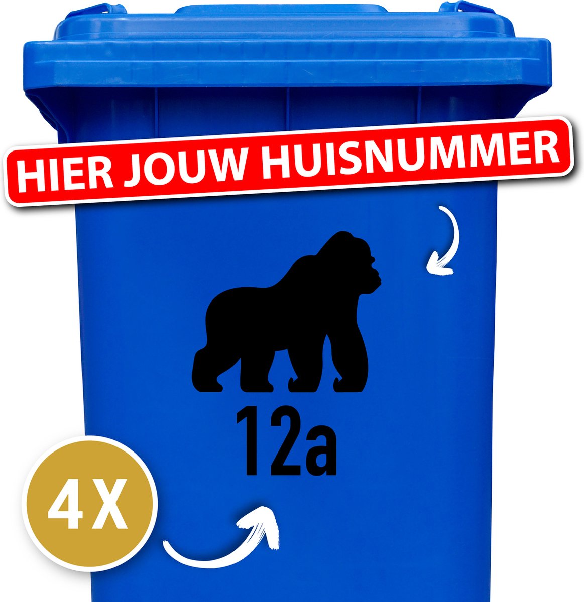 Container Sticker Huisnummer + Gorilla Aap 4 Stuks - Zwart - 20 x 20 cm - kliko Sticker Voordeelset - Containerstickers - Weerbestendige Stickers - Stickers Buiten - Containersticker Huisnummer - Kliko Sticker Dieren - Brievenbus Sticker