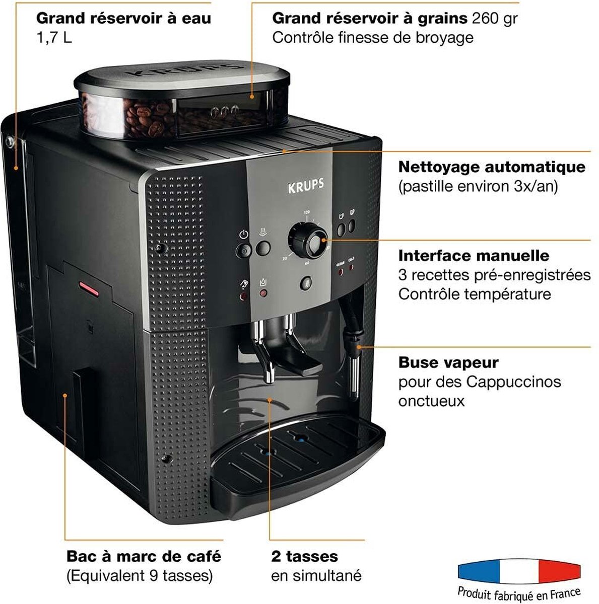  Krups Automatic Espresso Machine YY8125FD Beans Kaffeemühle mit  Handdruck (15 Bar, Dampfdüse) schwarz