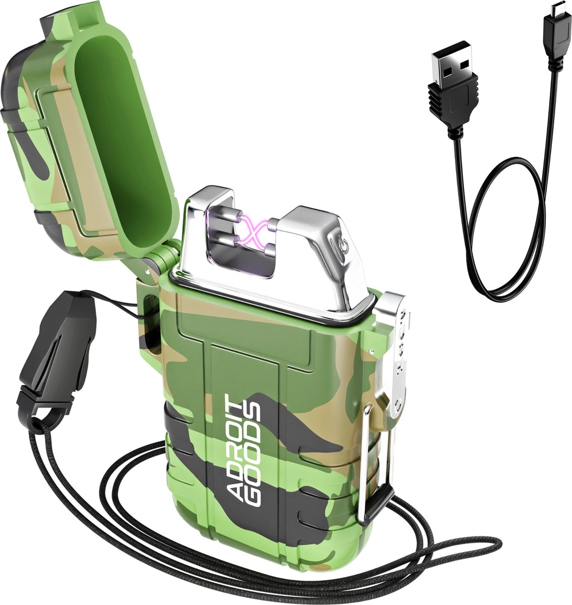 Goedkoopste AdroitGoods Elektrische Plasma Aansteker - USB oplaadbaar - Met Draagkoord & Oplaadkabel - Camouflage