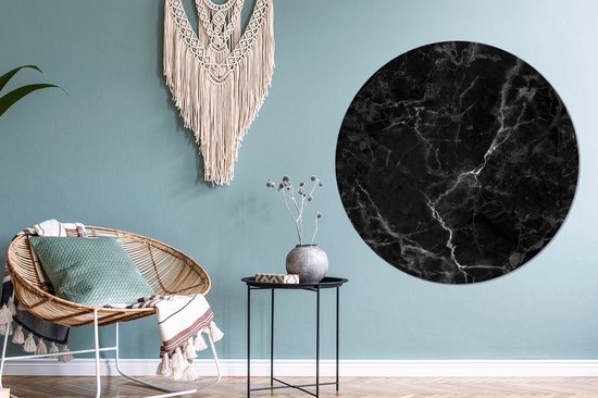 WallCircle - Stickers muraux - Cercle de papier peint - Marbre - Zwart - Wit - Texture - Aspect marbre - 120x120 cm - Cercle mural - Autocollant - Sticker papier peint rond XXL