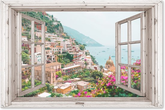 Tuinposter 180x120 cm - Tuindecoratie Doorkijk - Italië - Bloemen - Zee - Kust - Stad - Bergen - Poster voor in de tuin - Buiten decoratie - Schutting tuinschilderij - Tuindoek muurdecoratie - Wanddecoratie balkondoek