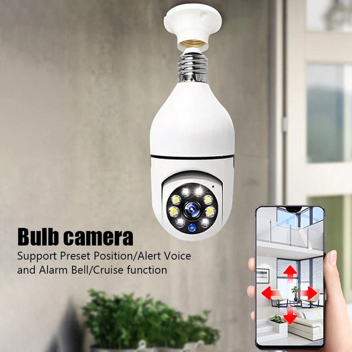 Glowhub IP Camera Lamp E27 Fitting Indoor Spy Cam Verborgen Bewakingscamera Beveiligingscamera Binnen & Buiten Huisdier Hondencamera WiFi Draadloos Nachtvisie Bewegingssensor & Geluidsdetectie Opslag in Cloud & App 360℃ Panorama
