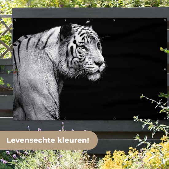 Tigre blanc de Sibérie sur fond noir affiche de jardin toile en vrac 180x120 cm - Toile de jardin / Toile d'extérieur / Peintures d'extérieur (décoration de jardin) XXL / Groot format!