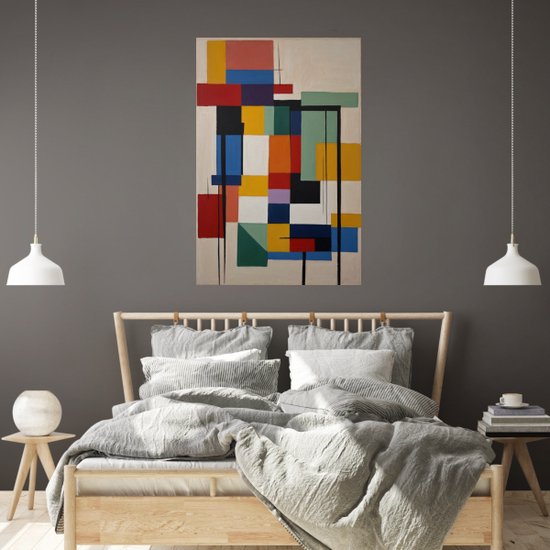 Œuvre d'art abstraite avec des formes géométriques dans des tons de rouge, bleu, jaune et vert sur fond crème.