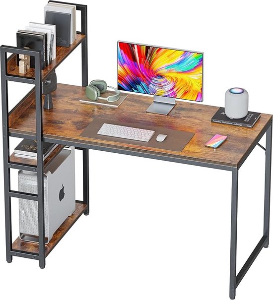CubiCubi Computer Bureau 100 x 60cm Met Planken Rechts of Links, Pc Gaming Tafel Voor Kantoor Woonkamer, Stabiel Stalen Frame Schrijftafel, Wit/Wit