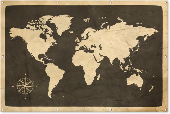 Muurdecoratie Wereldkaart - Kompasroos - Vintage - 180x120 cm - Tuinposter - Tuindoek - Buitenposter
