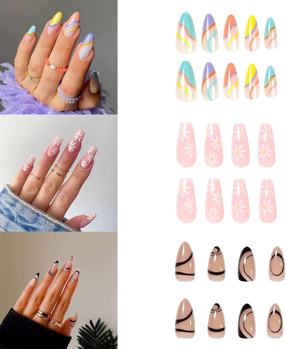 Goedkoopste 3 verpakkingen (72 stuks) nagels om op te drukken, middelgroot design, kunstnagels, amandel en vierkante lijm op nagels, set met plakstrips, nagelvijl voor vrouwen