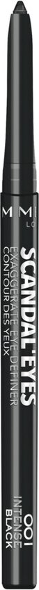 Zwarte, uitschuifbare Rimmel Exaggerate Eye Definer eyeliner met 'SCANDAL'EYES' tekst.