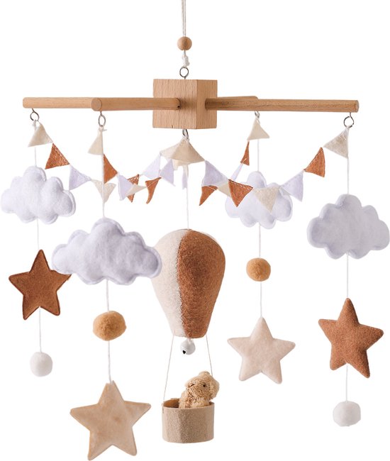 Foto: Joymaxx baby mobiel neutrale kleur luchtballon babykamer decor vilt en hout wiegmobiel kraamcadeau handgemaakt