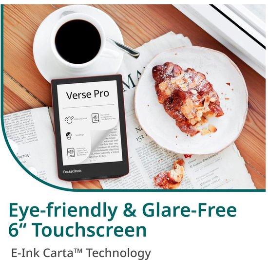Een rode PocketBook Verse Pro e-reader naast een croissant en koffie, met informatie over het 6-inch touchscreen.