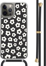 Casimoda® hoesje met zwart koord - Geschikt voor iPhone 12 Pro - Retro Bloempjes - Afneembaar koord - TPU/polycarbonaat - Zwart