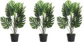 3x Groene Monstera/gatenplanten kunstplanten 80 cm in zwarte plastic pot - Kamerplant kunstplanten/nepplanten