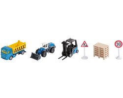 SIKU 6336, cadeauset bouwplaats, incl. vrachtwagen, heftruck, wiellader, 6 pallets, 2 verkeersborden, metaal/kunststof, geel/blauw, bewegende delen