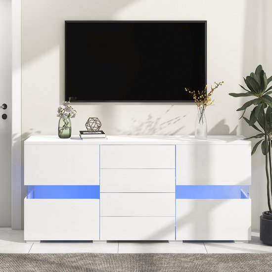 Sweiko Hoogglans Wit TV-kast Sideboard Opslag Kabinet Unit met 16 Kleur LED Lichten voor Eetkamer Woonkamer