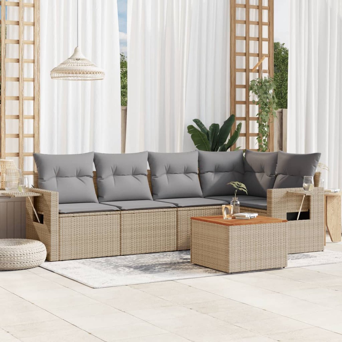 vidaXL - 6-delige - Loungeset - met - kussens - poly - rattan - beige thumbnail 2