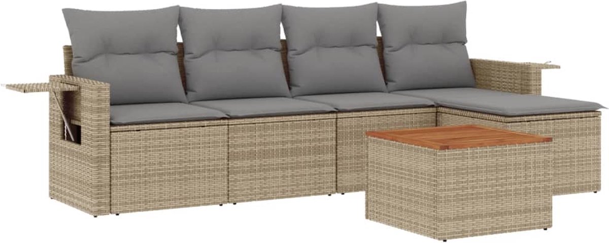 vidaXL 6-delige - Loungeset - met - kussens - poly - rattan - beige