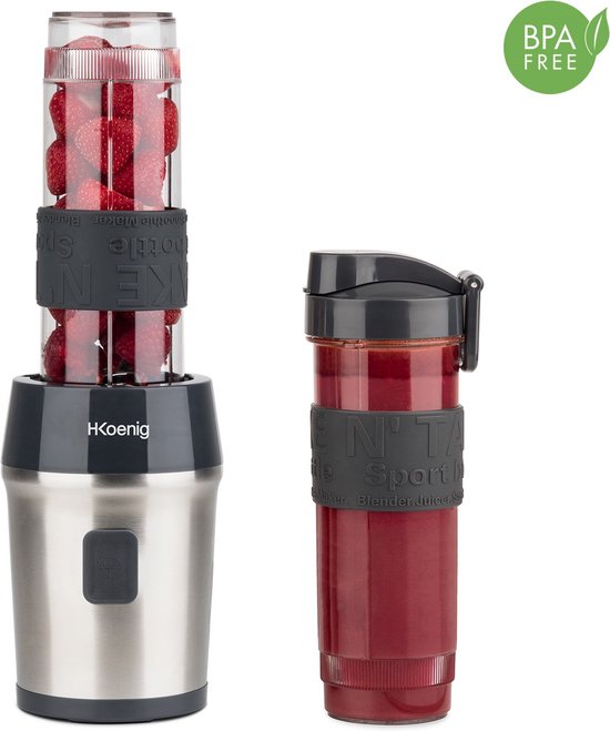 H.Koenig-Krachtige Mini Smoothie Maker - Mini blender- Perfect voor onderweg-Compact: 570 ml, BPA-vrij, 300W, 2 flessen met deksel-zwart