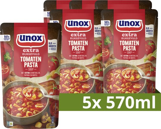 Unox Extra Rijkgevuld Soep In Zak - Tomaten Pasta - 5 x 570 ml - Voordeelverpakking