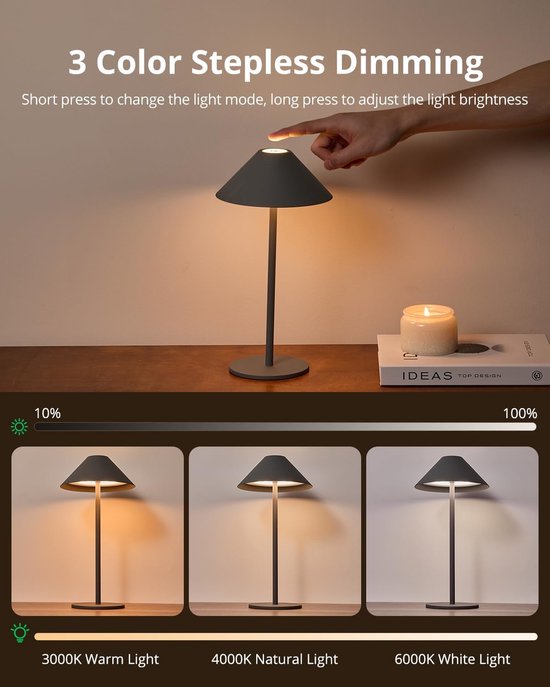 GGNOO Led-tafellamp op accu, 2700 - 6000 K, dimbare tafellamp met touch-schakelaar, waterdicht, IP54, oplaadbaar met USB-laadstation voor binnen, buiten, tafel, hotel, restaurant, bruin