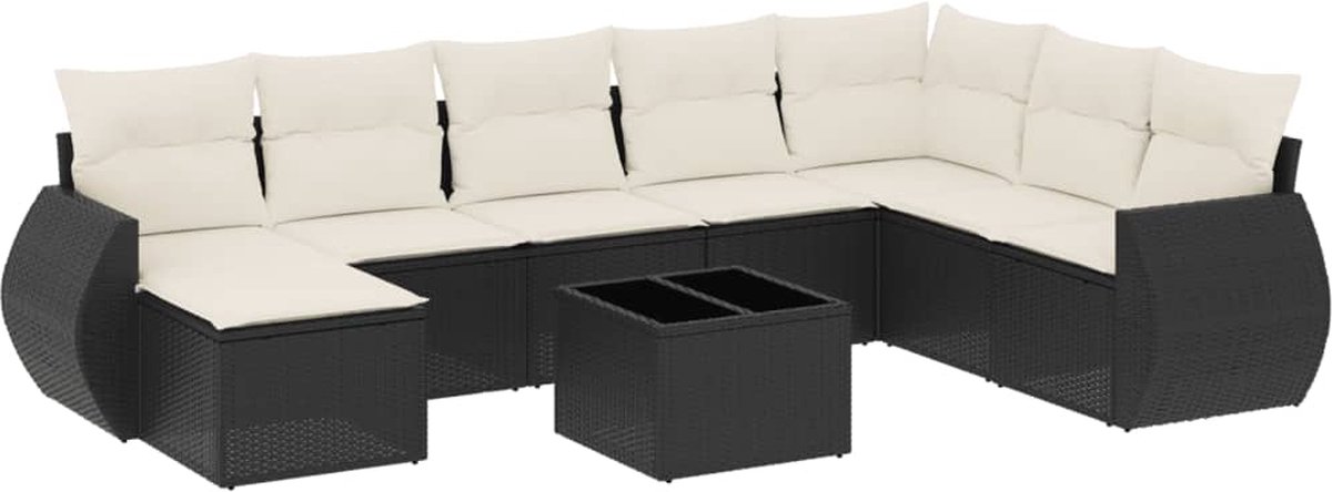 vidaXL 9-delige - Loungeset - met - kussens - poly - rattan - zwart