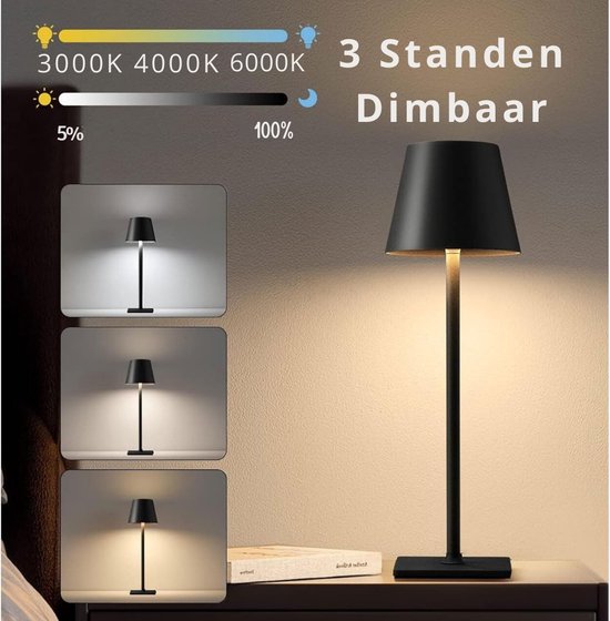 Aigostar Led-tafellamp, draadloos, touch-tafellamp, dimbaar, 3