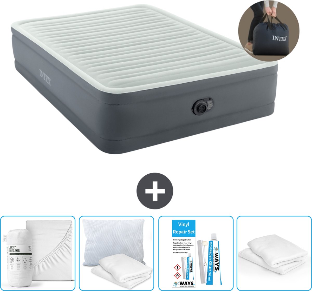 Intex Luchtbed - 2-Persoons - 152 x 203 x 46 cm - Grijs - Inclusief pomp - Hoeslaken - Kussen - Reparatieset en Kussenbeschermer