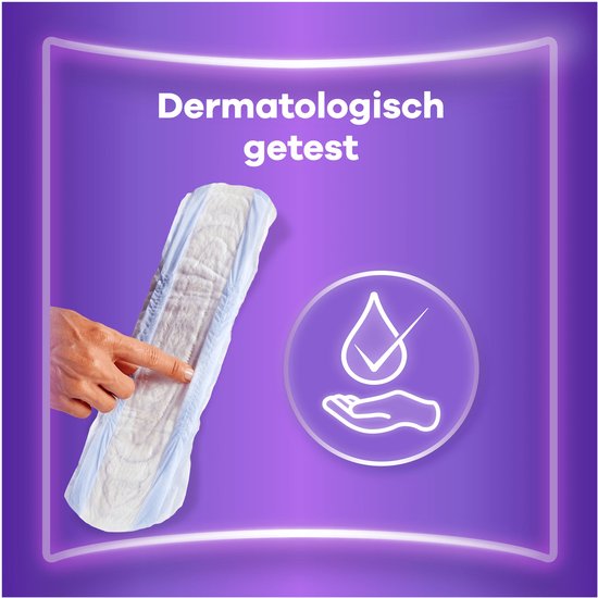 Witte inlegger met paarse bloemenmotief, met blauwe vloeistof en vinkje erop. Dermatologisch getest.