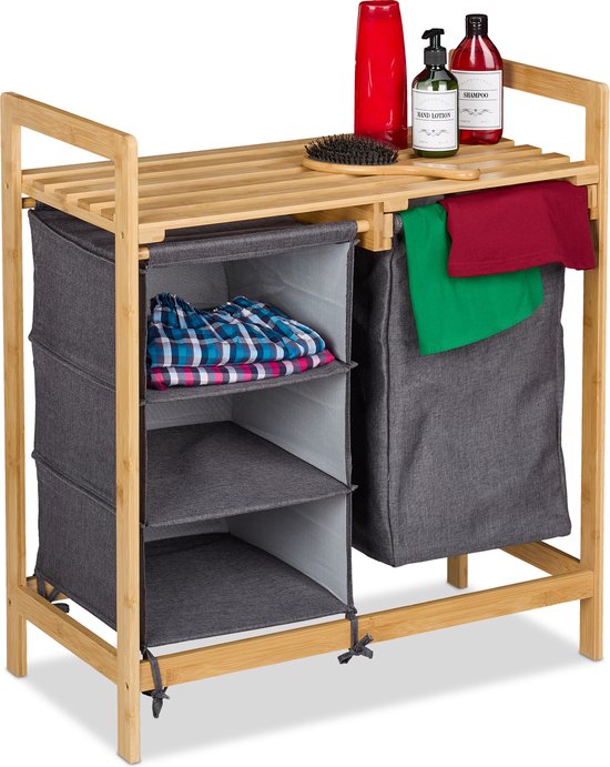 Badkamer Rek Was Opslag Relaxdays Met 2 Laden - Uitschuifbaar, 25 Liter, Voor Badkamer Wasmand Bamboe