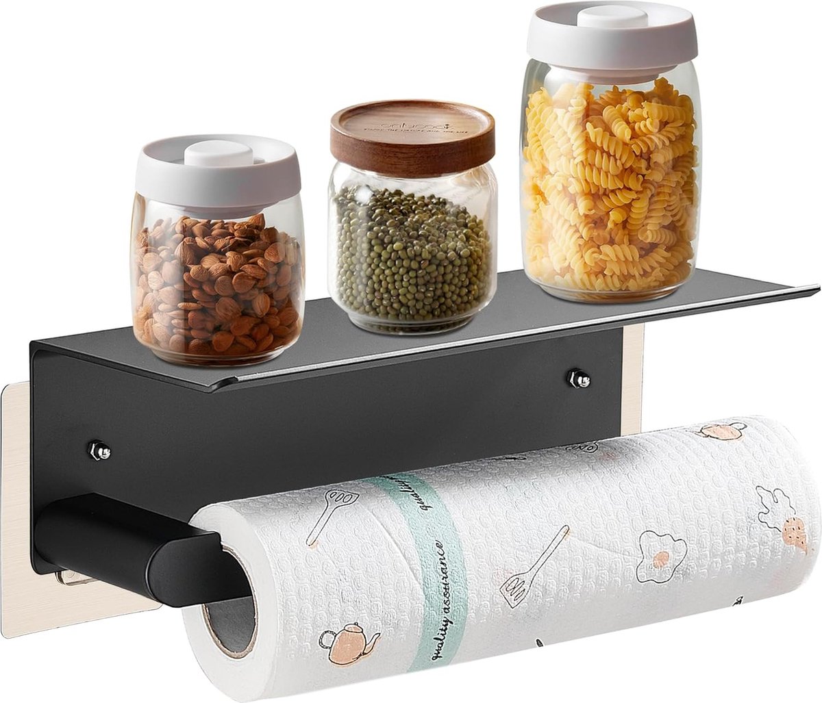 Keukenrolhouder Zwart Mat Geen boren nodig Papierrolhouder met plank Keukenrolhouder voor keukenrol Keukenaccessoires Wandmontage voor badkamer en keuken Opbergen &