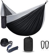 Hangmat, ultralicht, met touwafdekkingen, reishangmat, ademend nylon, parachutehangmatten voor outdoor, camping, tuin en strand (zwart/grijs)