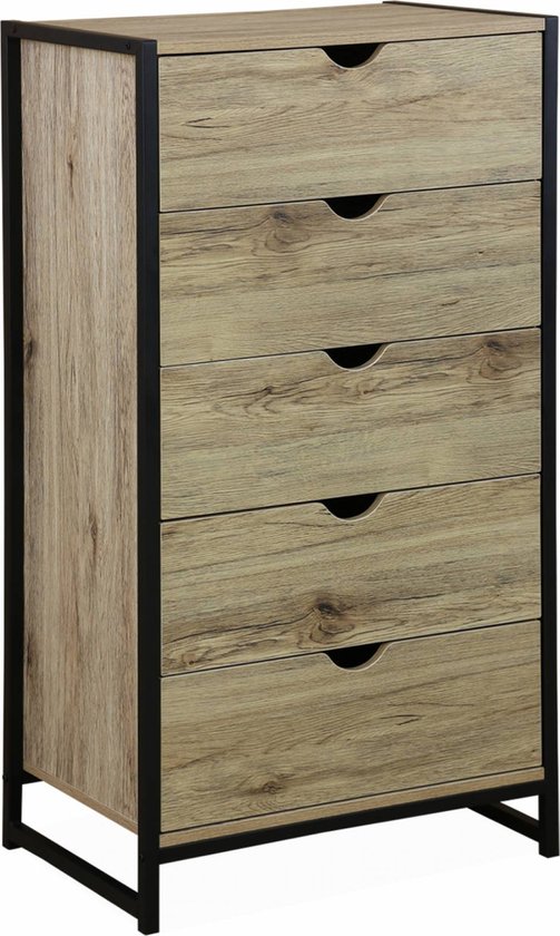 sweeek - Ladekast, loft, 5 lades, houtkleurig decor, matzwart metale frame, l 60 cm x l 40 cm x h 110 cm