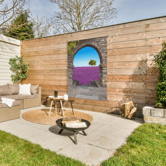 Affiche de jardin - Vue - Lavande - Arbre - Fleurs - Paysage - 90x120 cm - Décoration de clôture - Toile de jardin