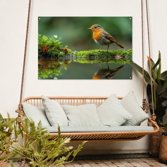 Tuinposter 120x80 cm - Tuindecoratie Roodborstje - Vogels - Natuur - Groen - Vogel - Poster voor in de tuin - Buiten decoratie - Schutting tuinschilderij - Tuindoek muurdecoratie - Wanddecoratie balkondoek
