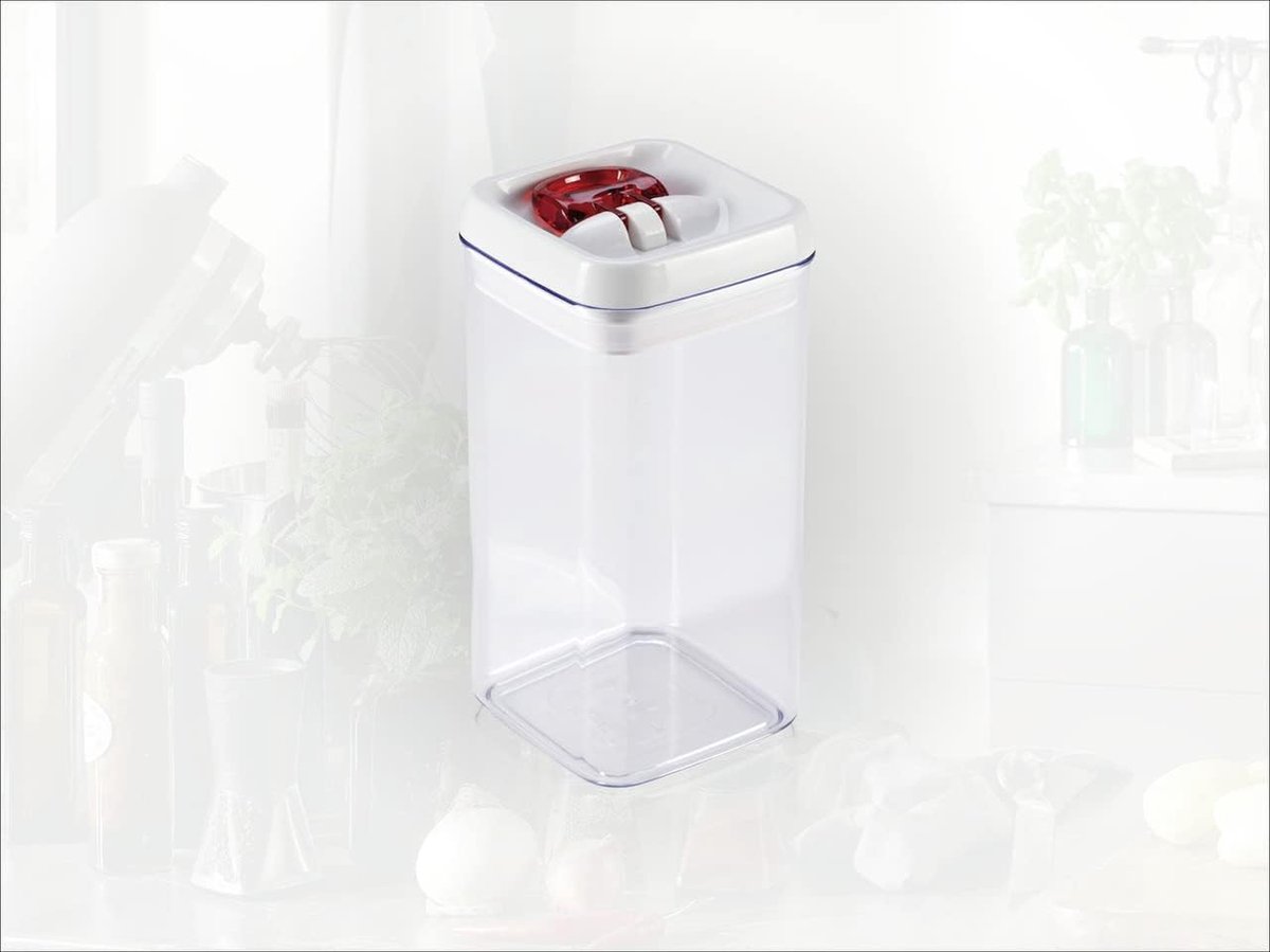 Fresh and Easy voorraaddoos 1200 ml, vierkante, lucht- en waterdichte voorraaddoos met gepatenteerde éénhandbediening, voorraaddoos voor levensmiddelen, stapelbare opbergdozen, transparant, rood